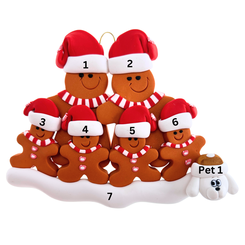 Gingerbread Family of 6 with 1 Pet Christmas Ornament