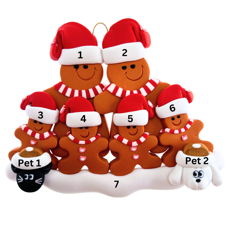 Gingerbread Family of 6 with 2 Pets Christmas Ornament