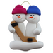 Family ornament with 2 white snowmen in bright hats, holding a hockey stick.