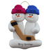 Family ornament with 2 white snowmen in bright hats, holding a hockey stick, personalized with names.