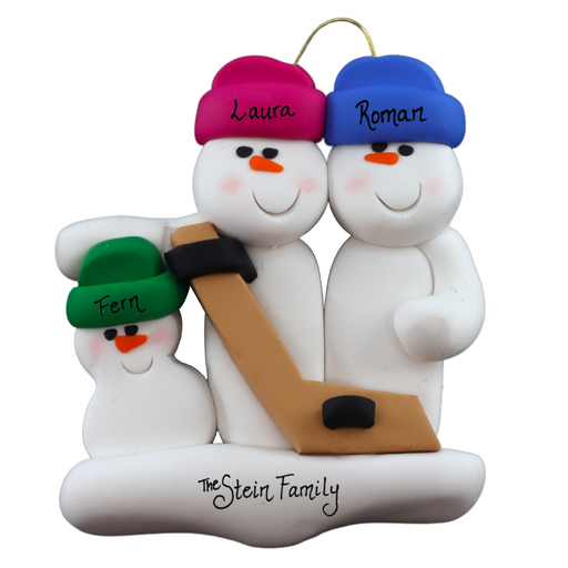 Family ornament with 3 white snowmen in bright hats, holding a hockey stick, personalized with names.