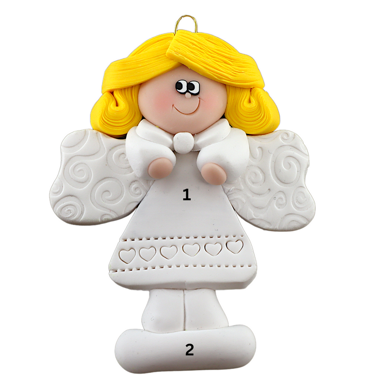 Angel wearing white with blonde hair ornament, numbered 1-2 for personalization.