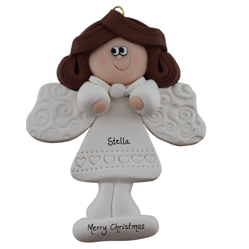 Angel wearing white with brown hair ornament, personalized with name.