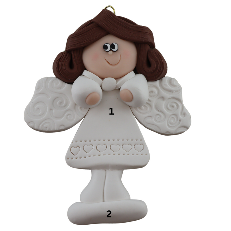 Angel wearing white with brown hair ornament, numbered 1-2 for personalization.