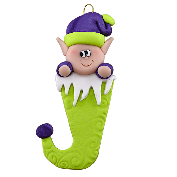 Holiday Elf in Stocking Ornament - Green