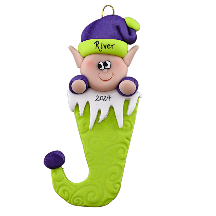 Holiday Elf in Stocking Ornament - Green