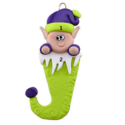 Elf poking out of green stocking ornament, numbered 1-2 for personalization.