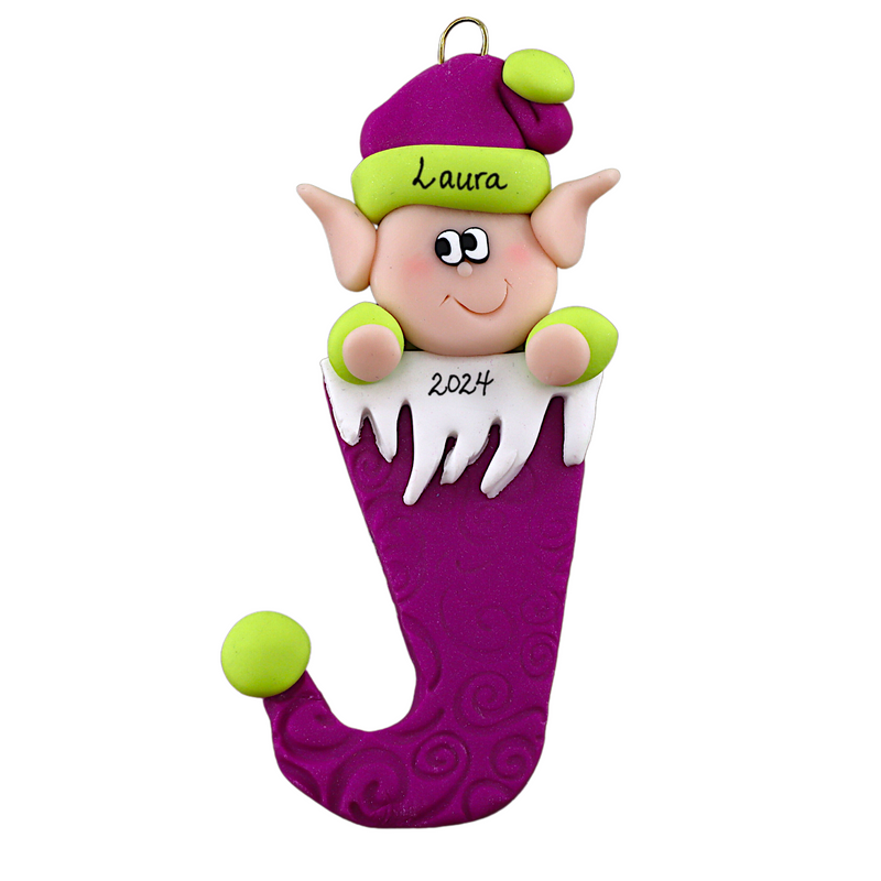 Elf poking out of magenta stocking ornament, personalized with name.