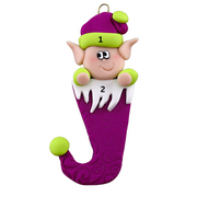 Elf poking out of magenta stocking ornament, numbered 1-2 for personalization.