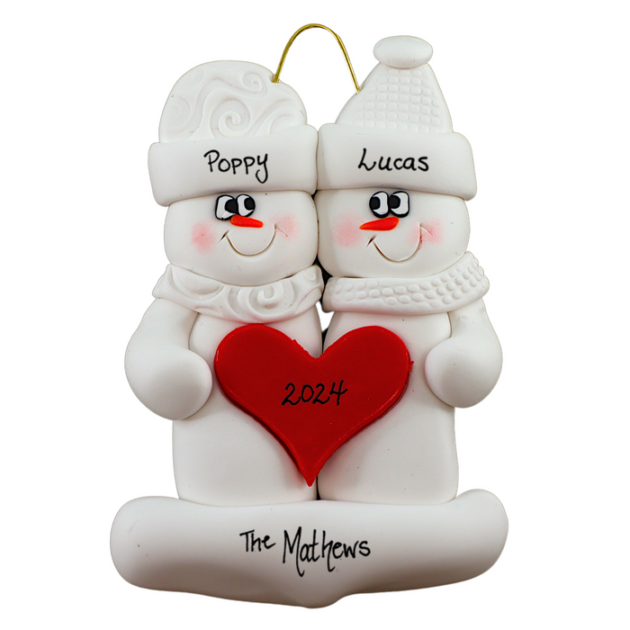 Holiday Heart Snowman Couple Ornament