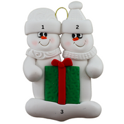 A couple’s ornament of two white snowmen holding a vibrant present, numbered 1-3 for personalization.