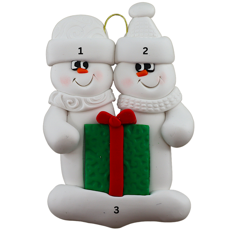 A couple’s ornament of two white snowmen holding a vibrant present, numbered 1-3 for personalization.
