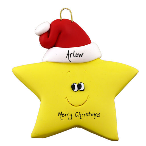 Yellow star in red Christmas hat ornament, personalized with name.