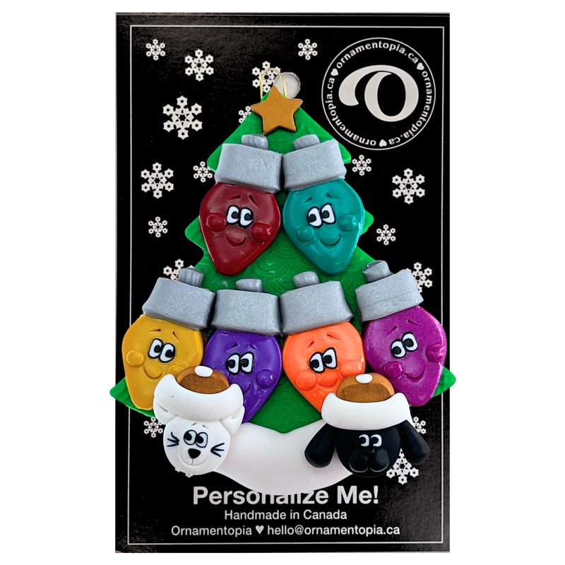 Light Bulb Family of 6 with 2 Pets Christmas Ornament