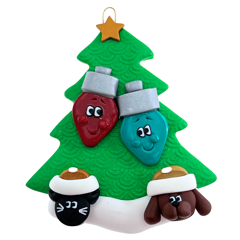 Light Bulb Family of 2 with  2 Pets Christmas Ornament