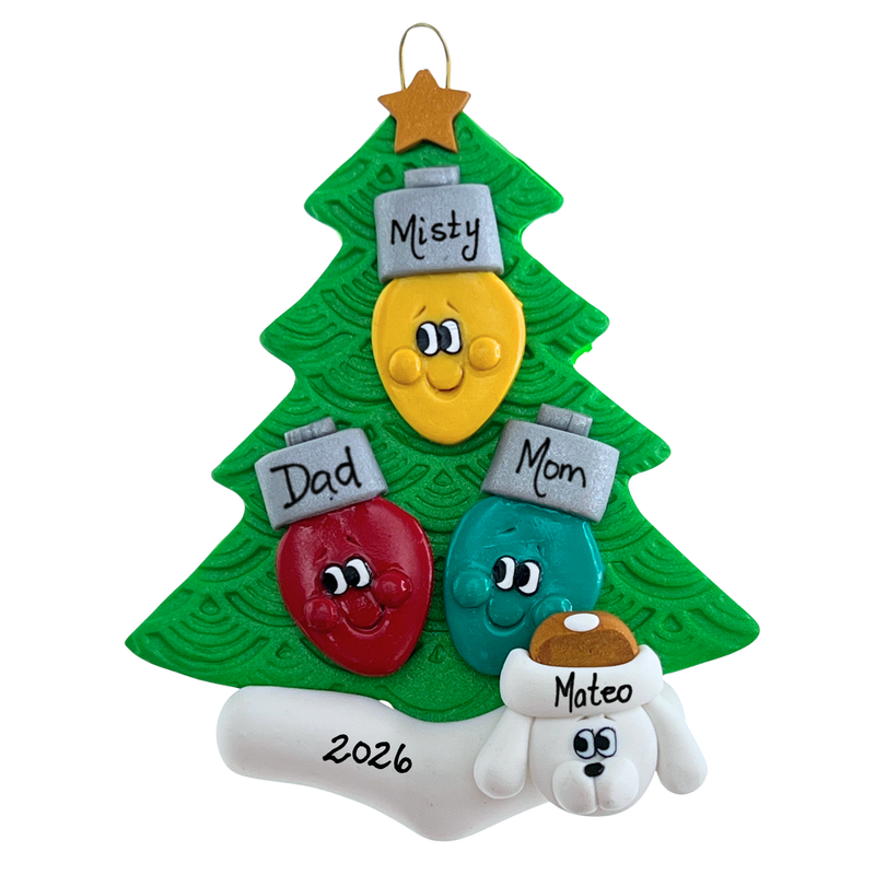 Light Bulb Family of 3 with 1 Pet Christmas Ornament