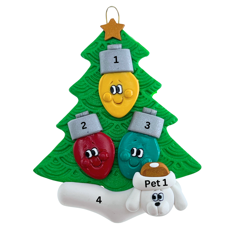 Light Bulb Family of 3 with 1 Pet Christmas Ornament