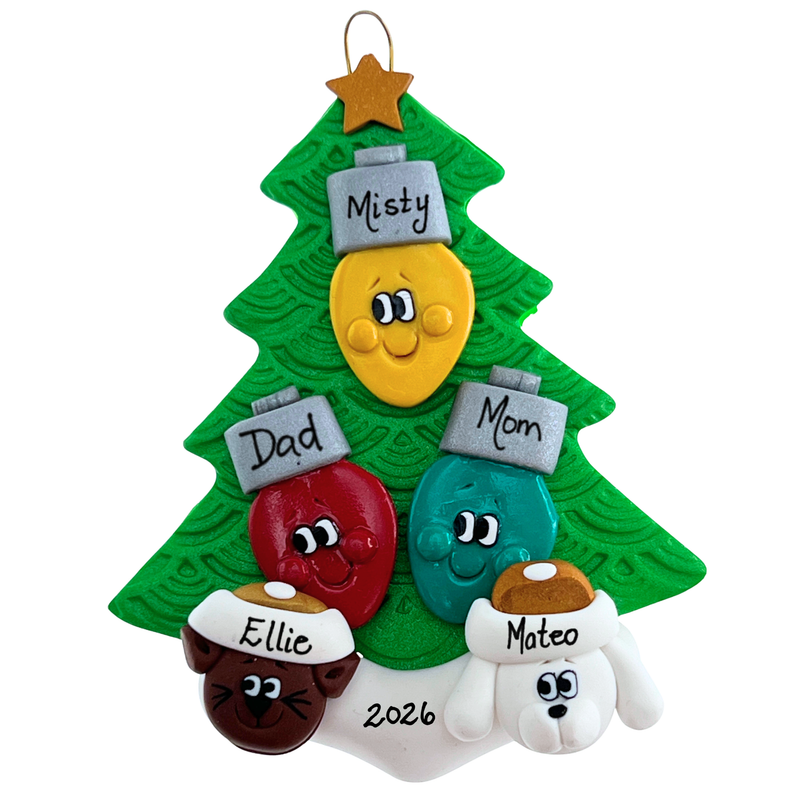 Light Bulb Family of 3 with 2 Pets Christmas Ornament