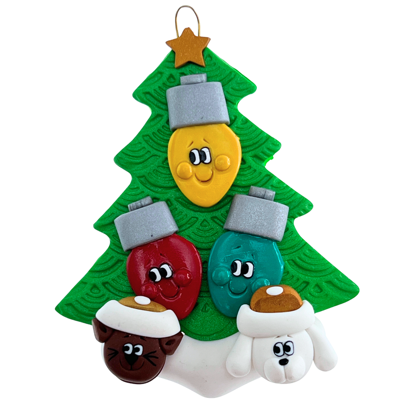 Light Bulb Family of 3 with 2 Pets Christmas Ornament
