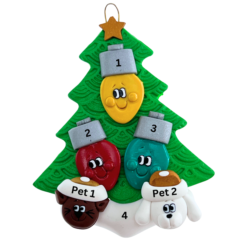 Light Bulb Family of 3 with 2 Pets Christmas Ornament