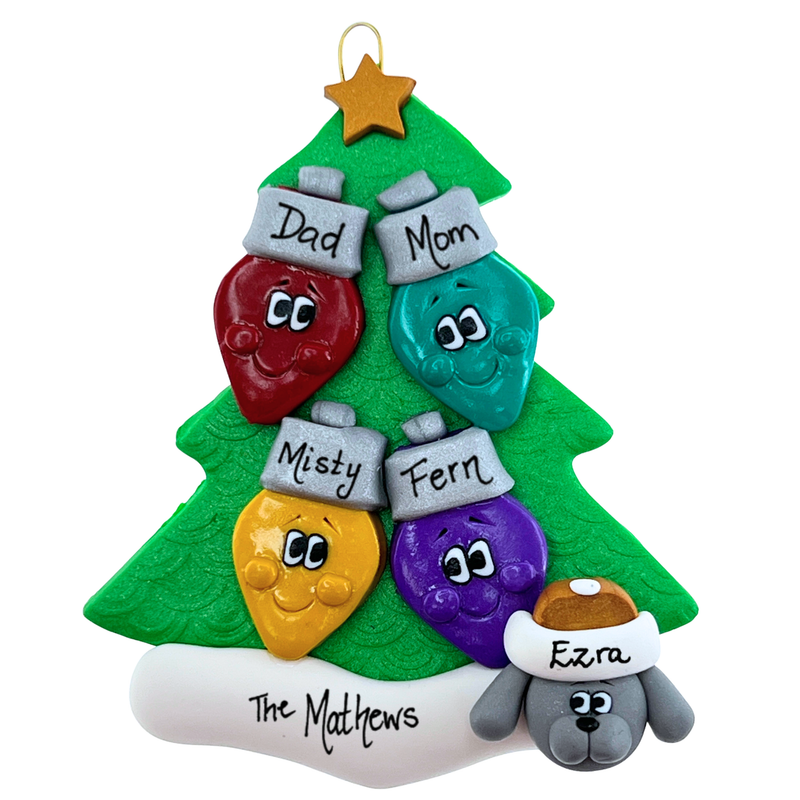 Light Bulb Family of 4 with 1 Pet Christmas Ornament
