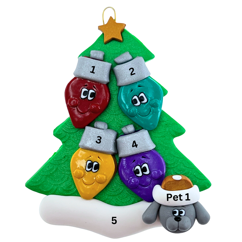Light Bulb Family of 4 with 1 Pet Christmas Ornament