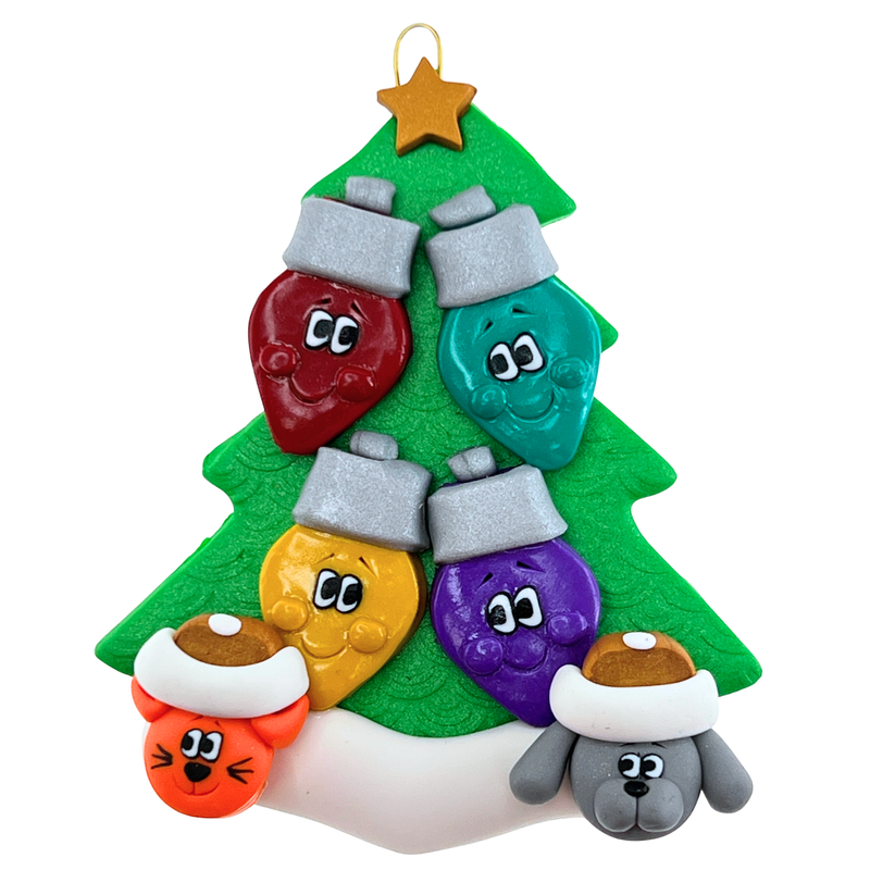 Light Bulb Family of 4 with 2 Pets Christmas Ornament