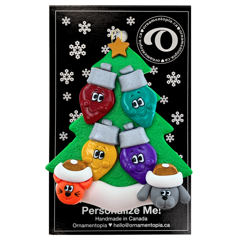 Light Bulb Family of 4 with 2 Pets Christmas Ornament
