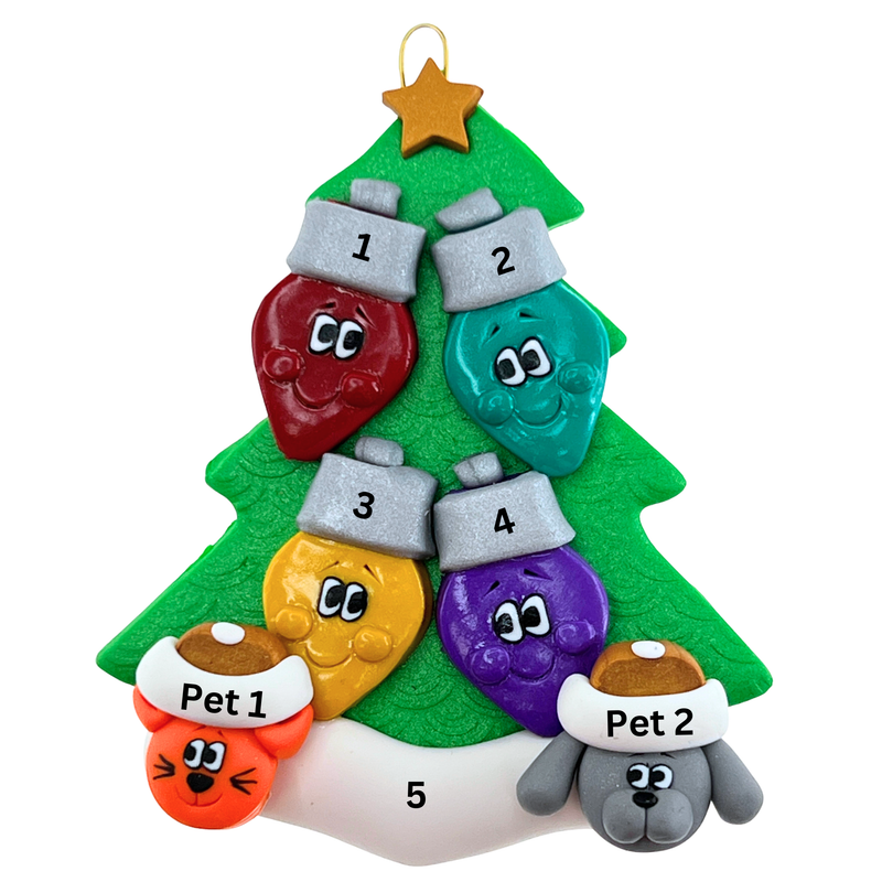 Light Bulb Family of 4 with 2 Pets Christmas Ornament