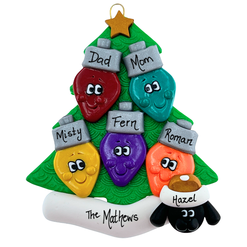 Light Bulb Family of 5 with 1 Pet Christmas Ornament