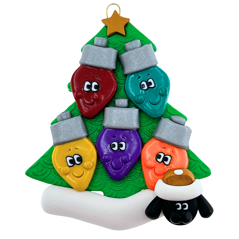 Light Bulb Family of 5 with 1 Pet Christmas Ornament