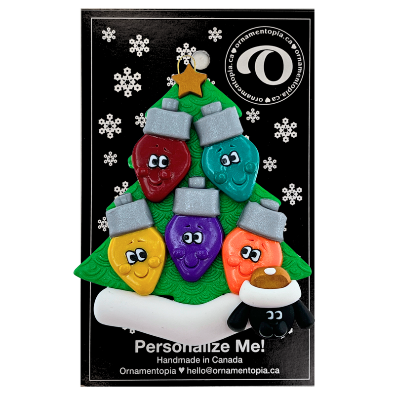 Light Bulb Family of 5 with 1 Pet Christmas Ornament
