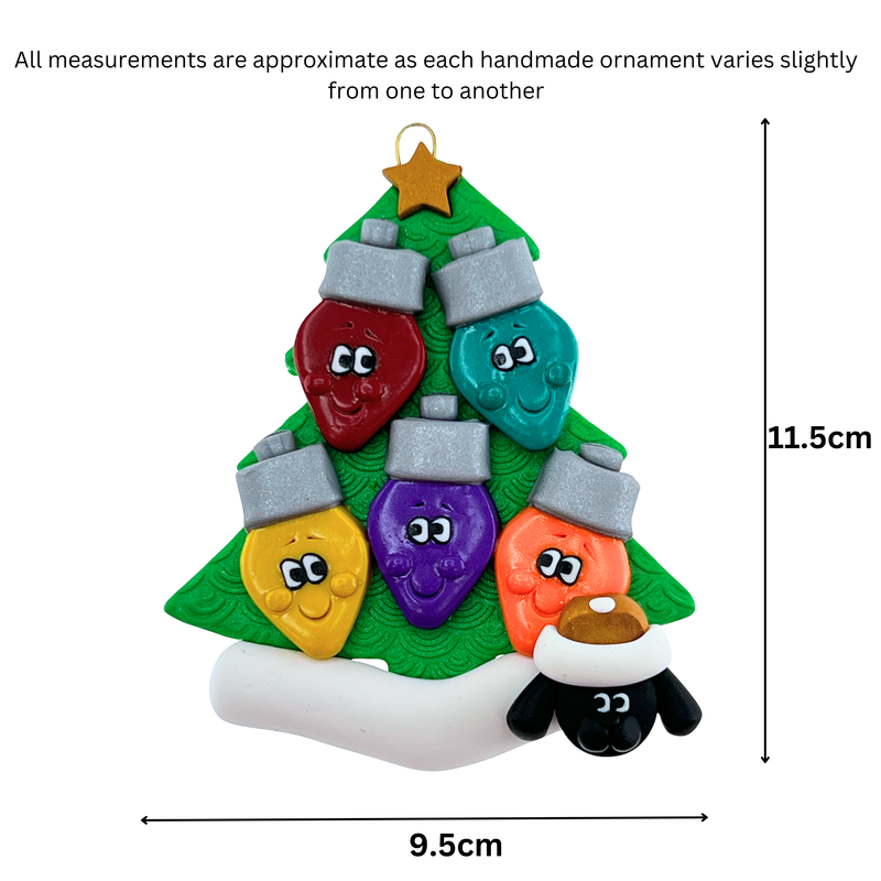 Light Bulb Family of 5 with 1 Pet Christmas Ornament