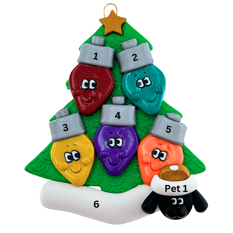 Light Bulb Family of 5 with 1 Pet Christmas Ornament