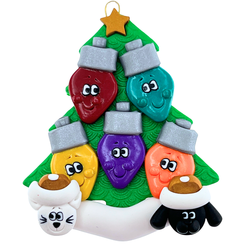 Light Bulb Family of 5 with 2 Pets Christmas Ornament