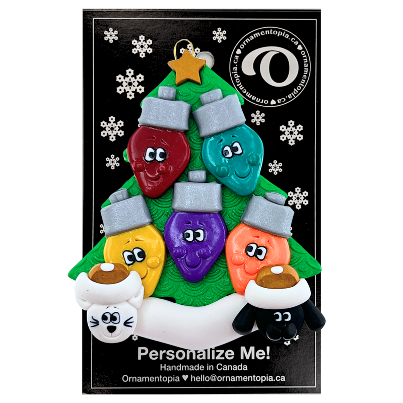 Light Bulb Family of 5 with 2 Pets Christmas Ornament