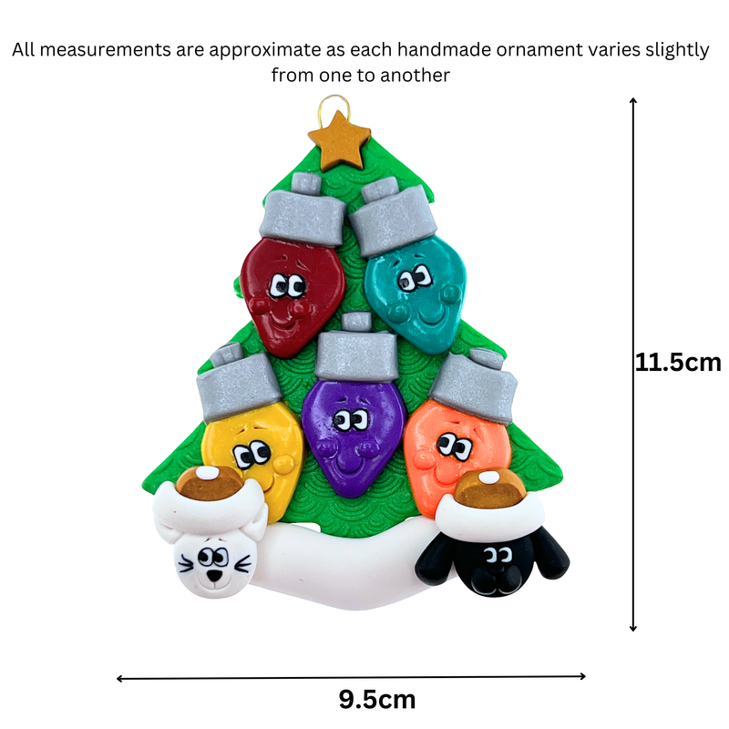 Light Bulb Family of 5 with 2 Pets Christmas Ornament