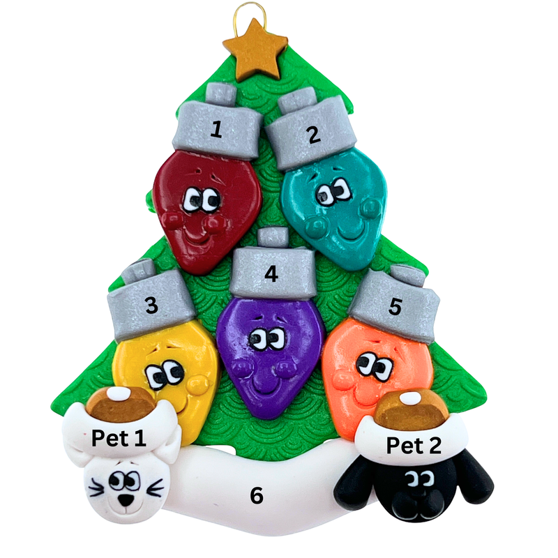 Light Bulb Family of 5 with 2 Pets Christmas Ornament