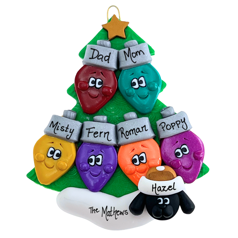 Light Bulb Family of 6 with 1 Pet Christmas Ornament