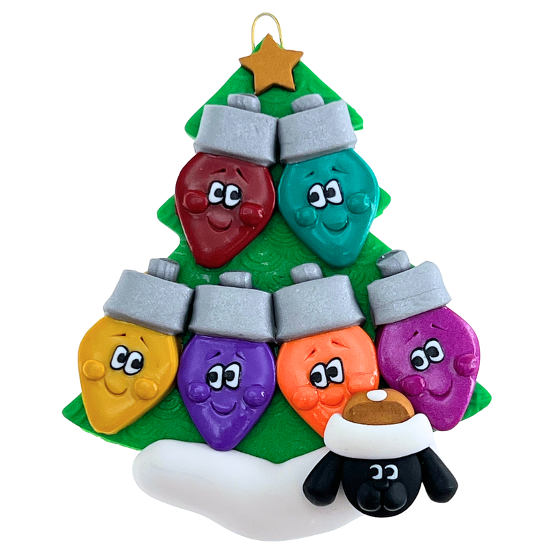 Light Bulb Family of 6 with 1 Pet Christmas Ornament