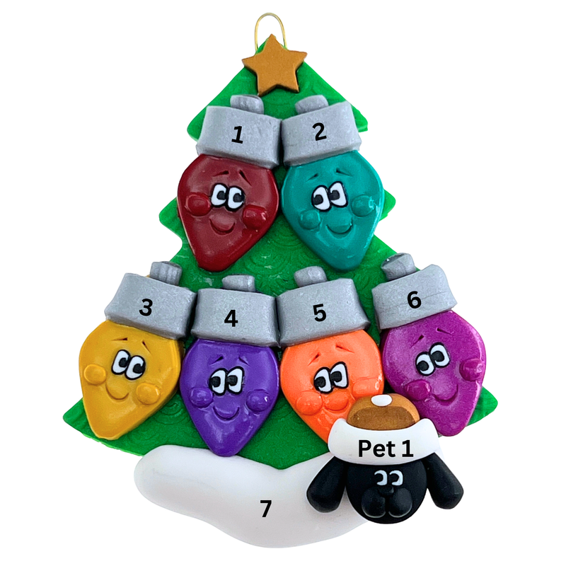 Light Bulb Family of 6 with 1 Pet Christmas Ornament