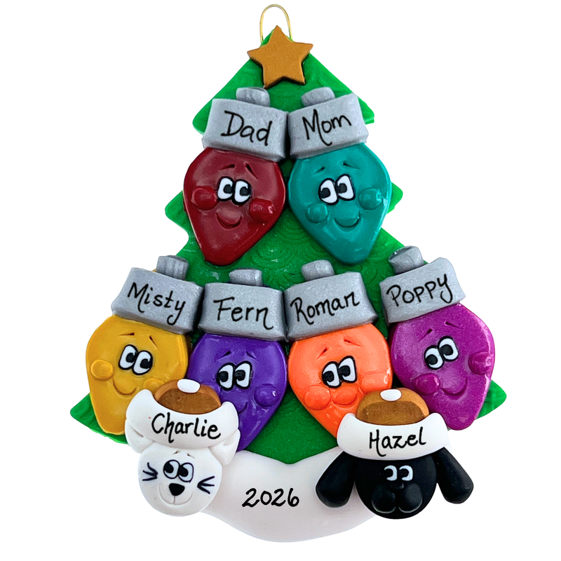 Light Bulb Family of 6 with 2 Pets Christmas Ornament