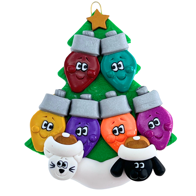 Light Bulb Family of 6 with 2 Pets Christmas Ornament