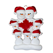 Family ornament with 7 white snowmen in red hats, gathered around a red maple leaf.