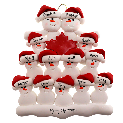 Family ornament with 13 white snowmen in red hats, gathered around a red maple leaf, personalized with names.