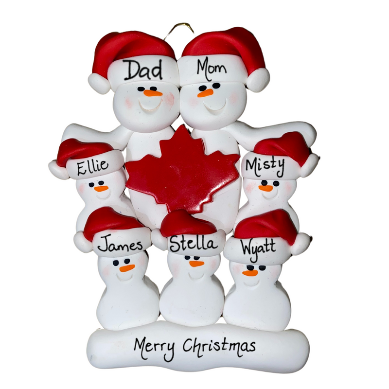 Family ornament with 7 white snowmen in red hats, gathered around a red maple leaf, personalized with names.