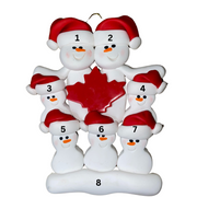 Family ornament with 7 white snowmen in red hats, gathered around a red maple leaf, numbered 1-8 for personalization.