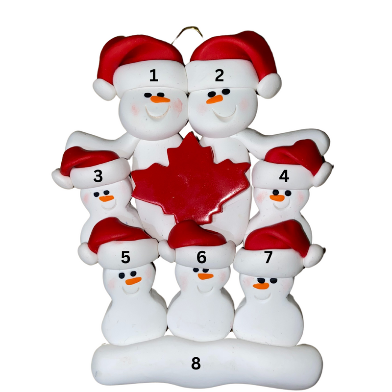 Family ornament with 7 white snowmen in red hats, gathered around a red maple leaf, numbered 1-8 for personalization.