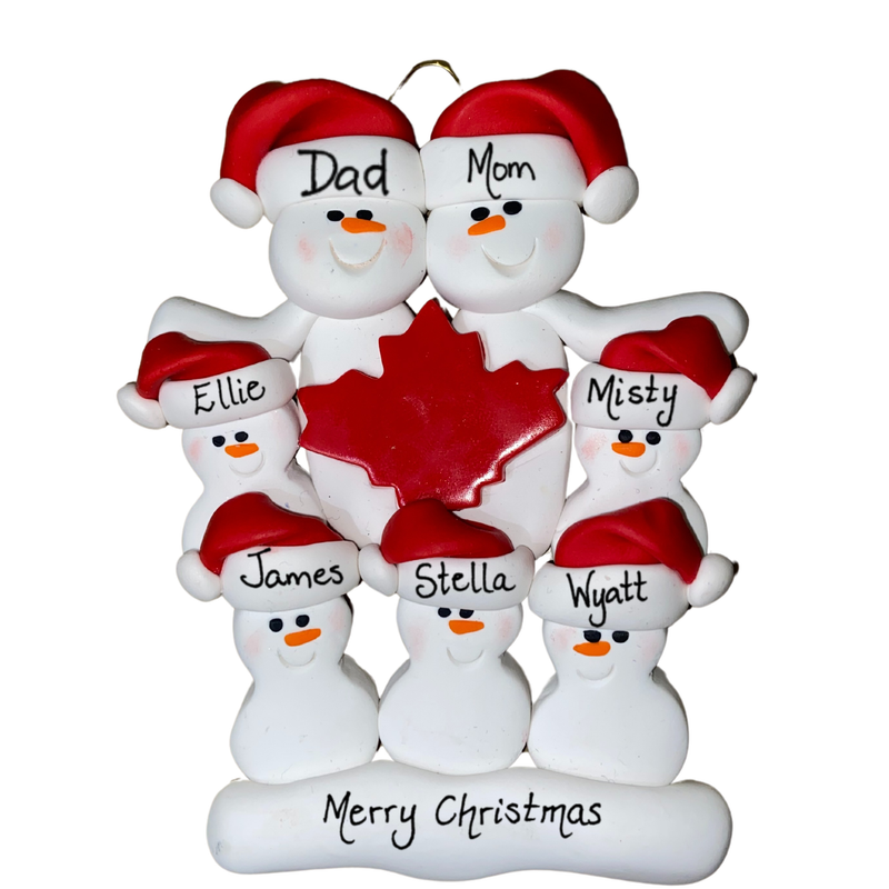 Maple Leaf Snowmen Family of 7 Christmas Ornament