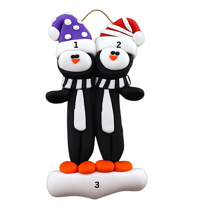Family ornament with 2 black and white penguins in colourful festive hats, mumbered 1-3 for personalization.